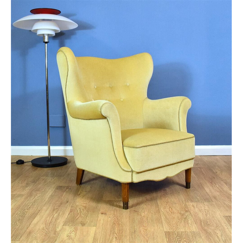 Vintage Danish Yellow Velvet Wingback Armchair 1950s