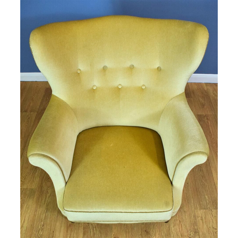 Vintage Danish Yellow Velvet Wingback Armchair 1950s