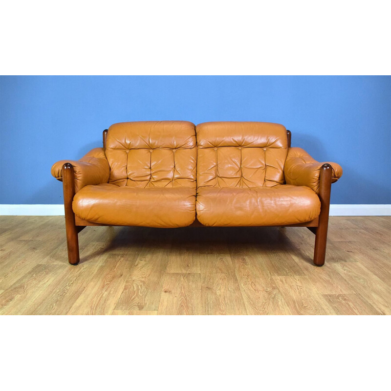 Vintage 2-seater sofa caramel leather Swedish 1970s