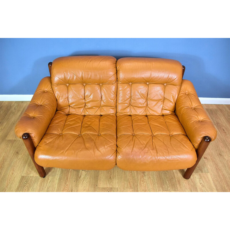 Vintage 2-seater sofa caramel leather Swedish 1970s