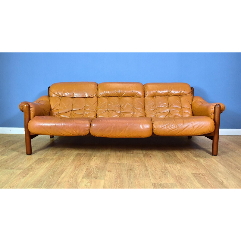 Vintage 3-seater sofa in caramel leather Swedish 1970s