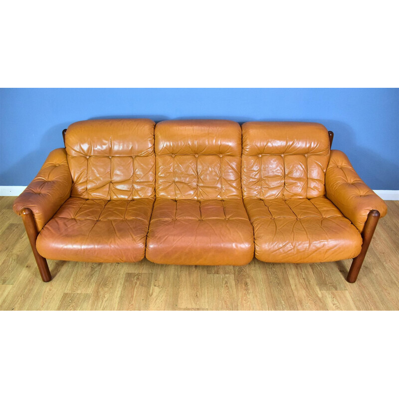 Vintage 3-seater sofa in caramel leather Swedish 1970s