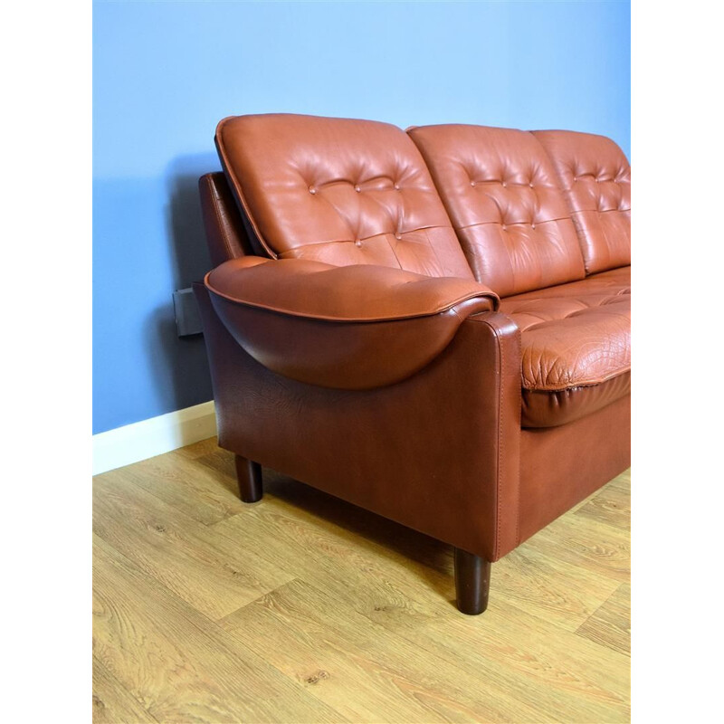 Vintage 3-seater sofa in tan brown leather Danish 1970s