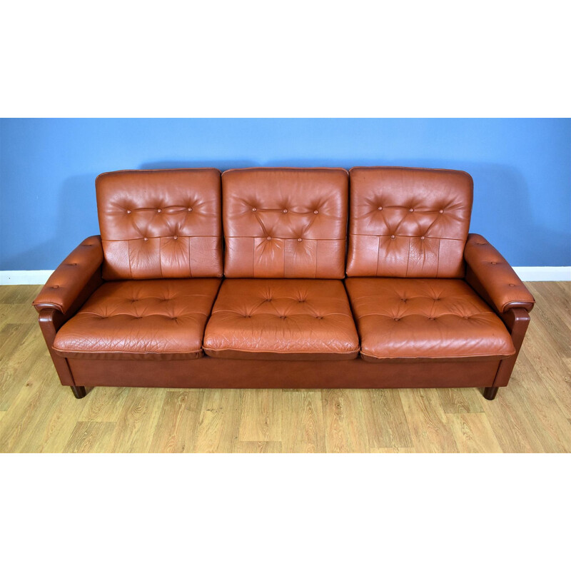 Vintage 3-seater sofa in tan brown leather Danish 1970s