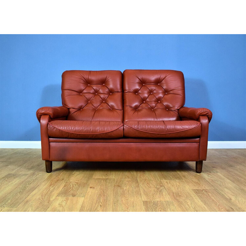 Vintage 2-seater sofa in red leather Danish 1970s