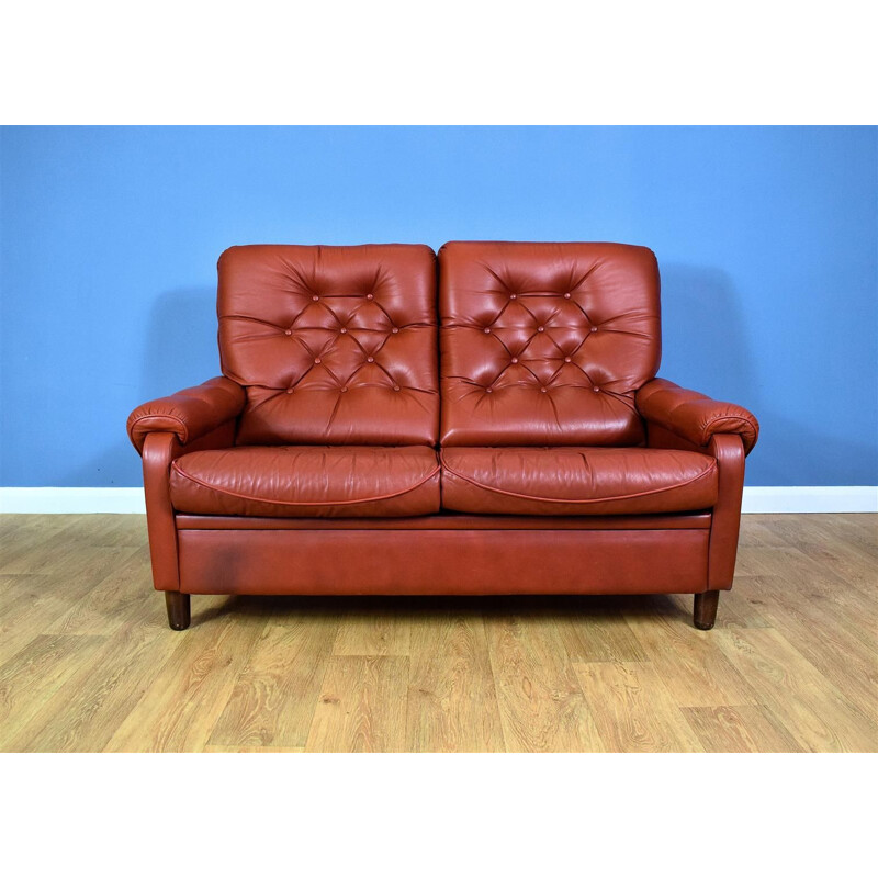 Vintage 2-seater sofa in red leather Danish 1970s