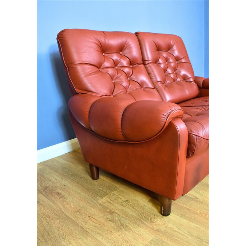 Vintage 2-seater sofa in red leather Danish 1970s