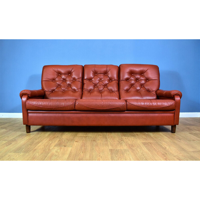 Vintage 3-seater sofa in red leather Danish 1970s