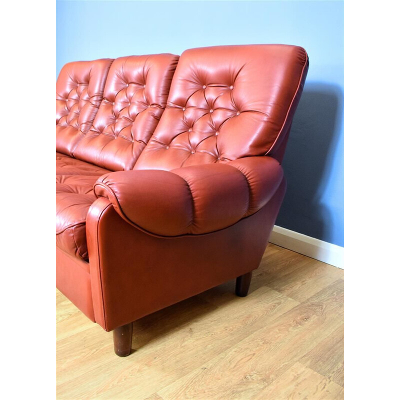 Vintage 3-seater sofa in red leather Danish 1970s