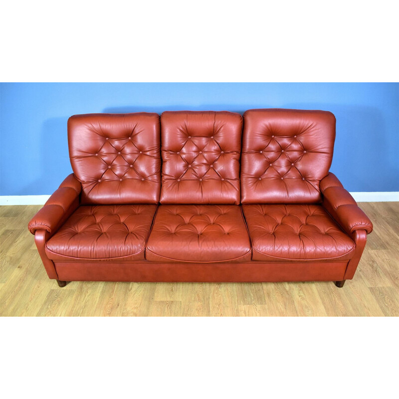 Canapé 3 places Vintage en cuir rouge danois des années 1970
