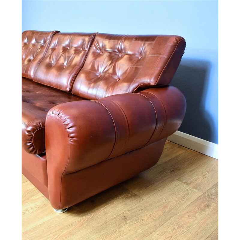 Vintage 3-seater sofa in cognac brown faux leather Danish 1970s