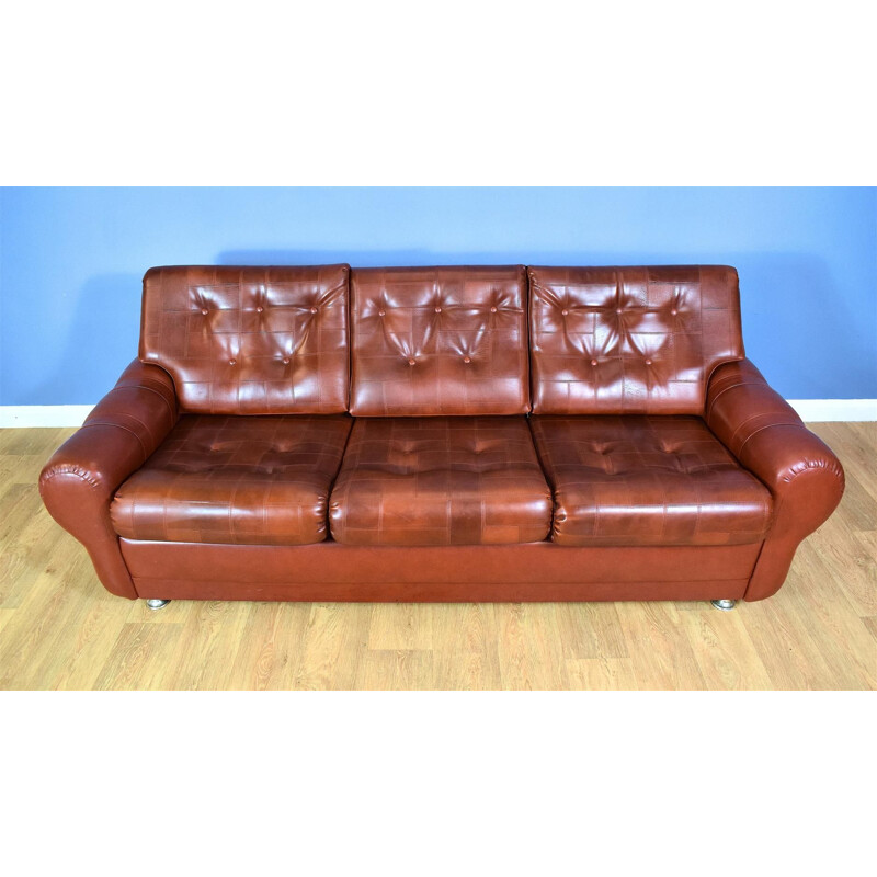 Vintage 3-seater sofa in cognac brown faux leather Danish 1970s