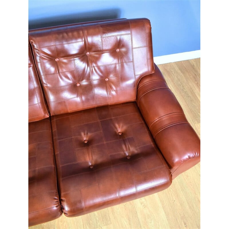 Vintage 3-seater sofa in cognac brown faux leather Danish 1970s