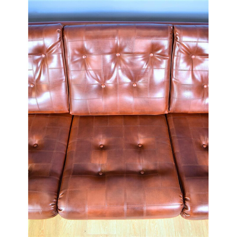 Vintage 3-seater sofa in cognac brown faux leather Danish 1970s