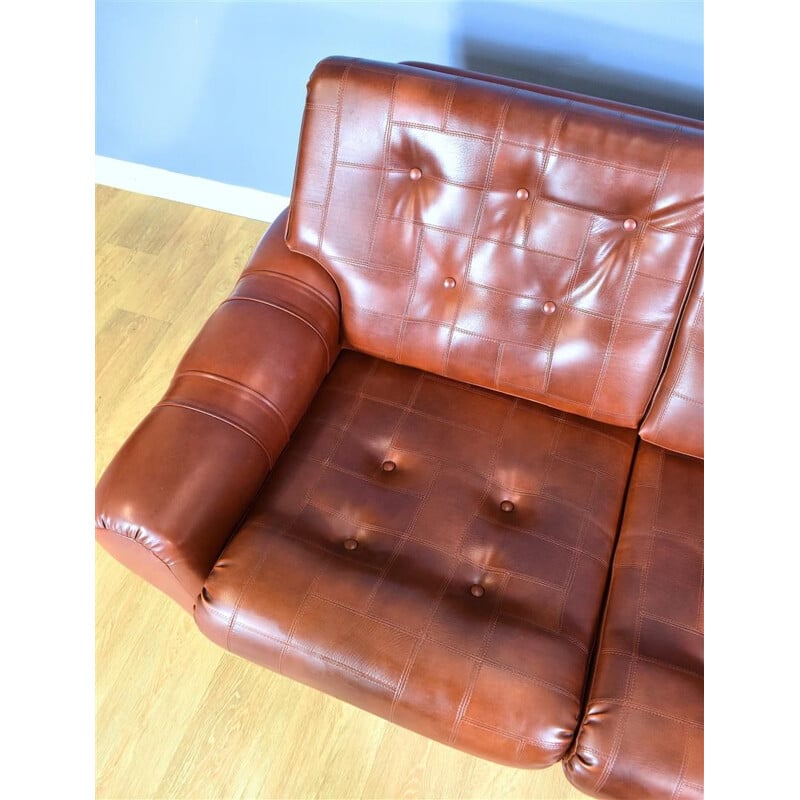 Vintage 3-seater sofa in cognac brown faux leather Danish 1970s