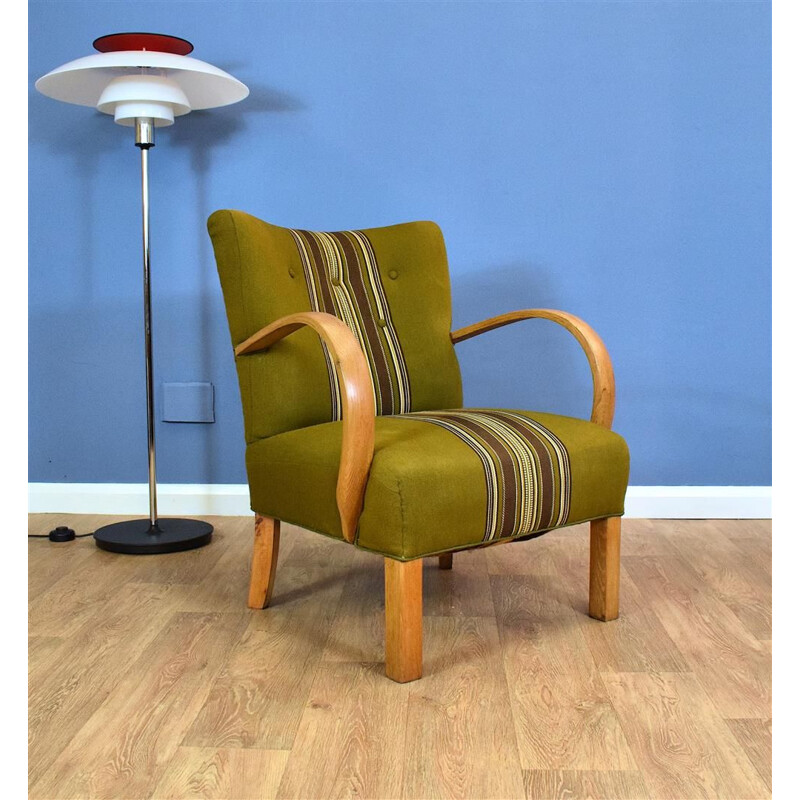 Vintage Lounge Chair Oak & Green Wool Danish 1930s