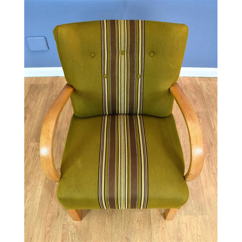 Fauteuil lounge vintage chêne & laine verte danois années 1930