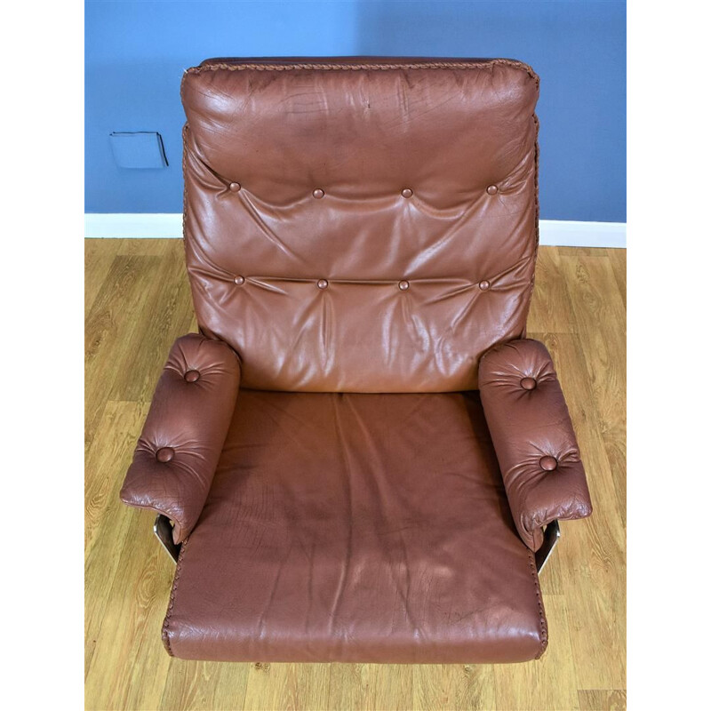 Vintage Swivel Armchair in Brown Leather Swedish 1970s
