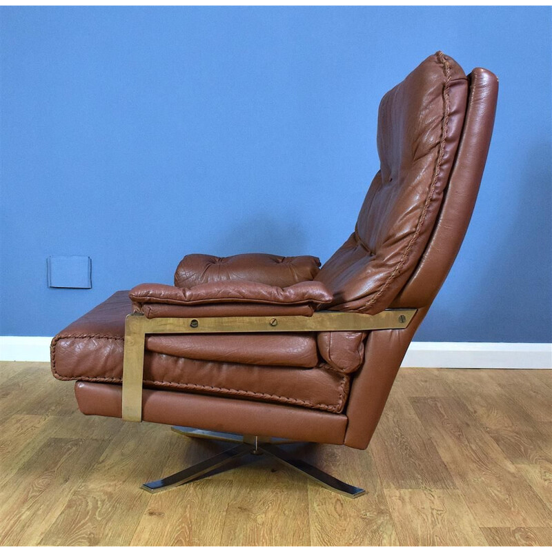 Vintage Swivel Armchair in Brown Leather Swedish 1970s