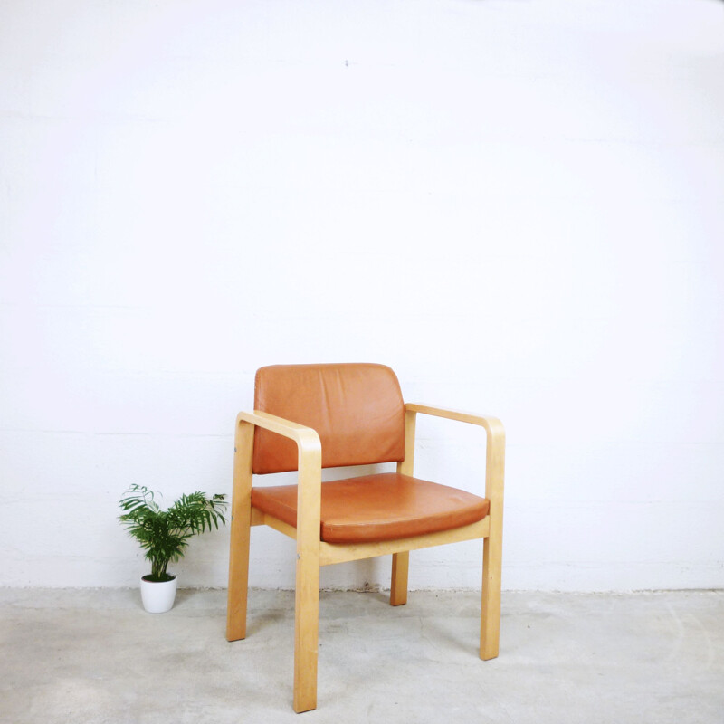 Vintage armchair in brown leather and beech, Swedish 1990