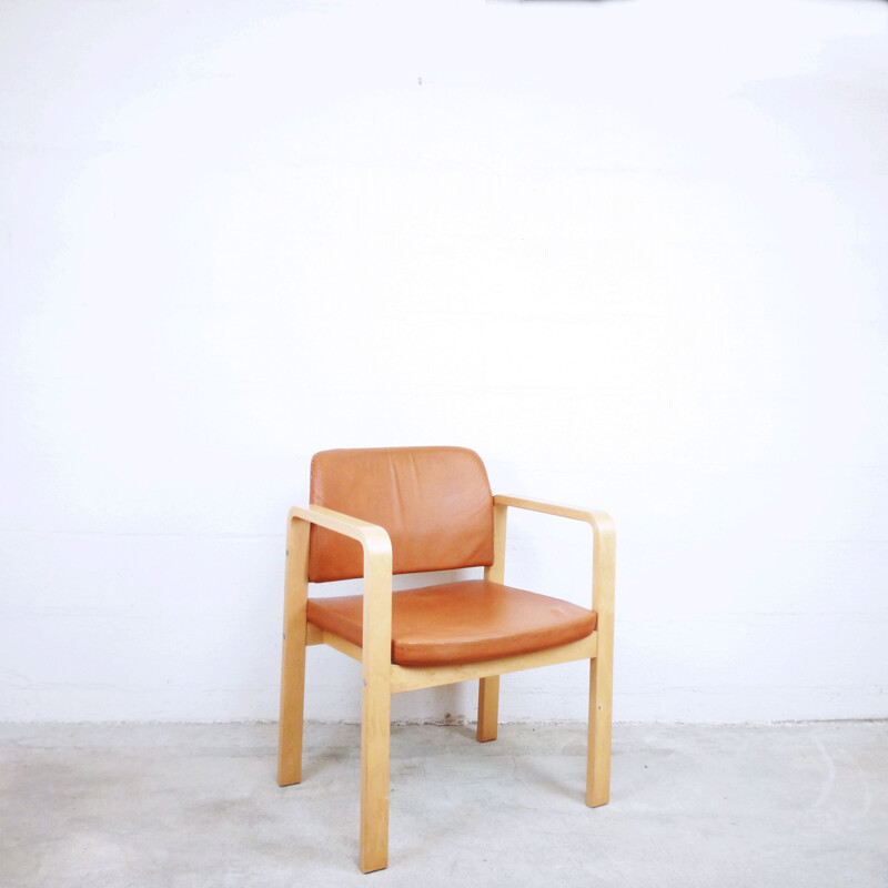 Vintage armchair in brown leather and beech, Swedish 1990