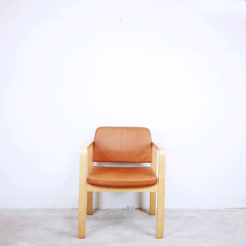 Vintage armchair in brown leather and beech, Swedish 1990