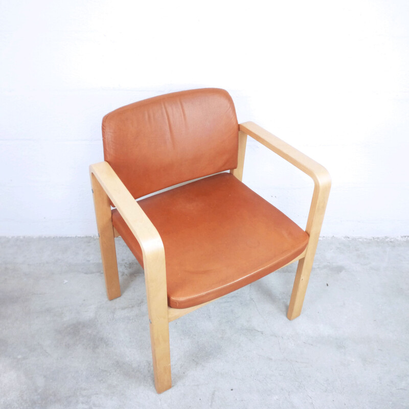 Vintage armchair in brown leather and beech, Swedish 1990