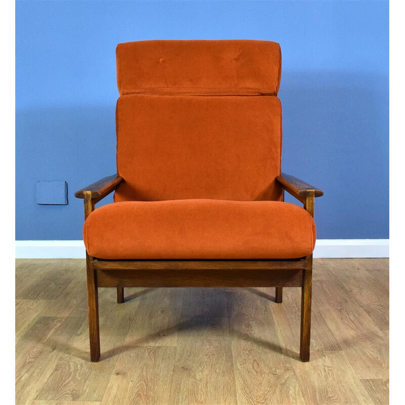 Fauteuil lounge vintage Capella en velours & chêne par Illum Wikkelso pour Niels Eilersen Danois