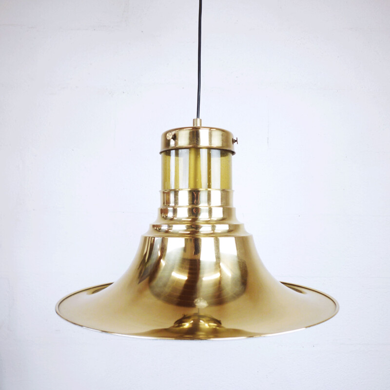 Vintage hanging lamp bell in glass and golden metal, 1960