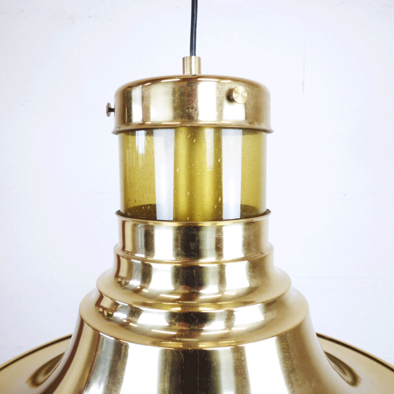 Vintage hanging lamp bell in glass and golden metal, 1960