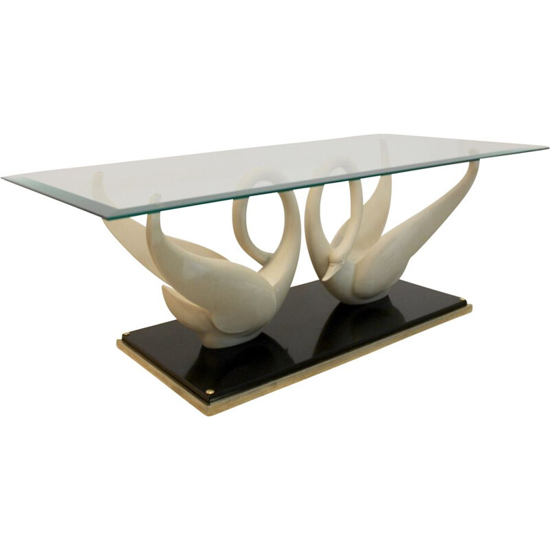 French vintage Swan table for Maison Jansen in brass and glass 1970