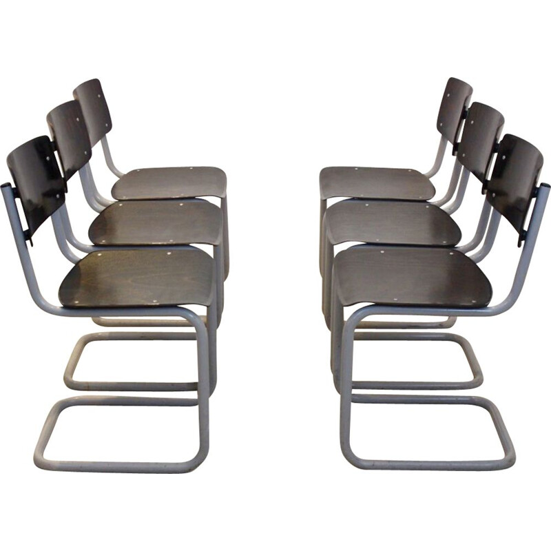 Juego de 6 sillas vintage de acero tubular y wengé de Gispen, 1960