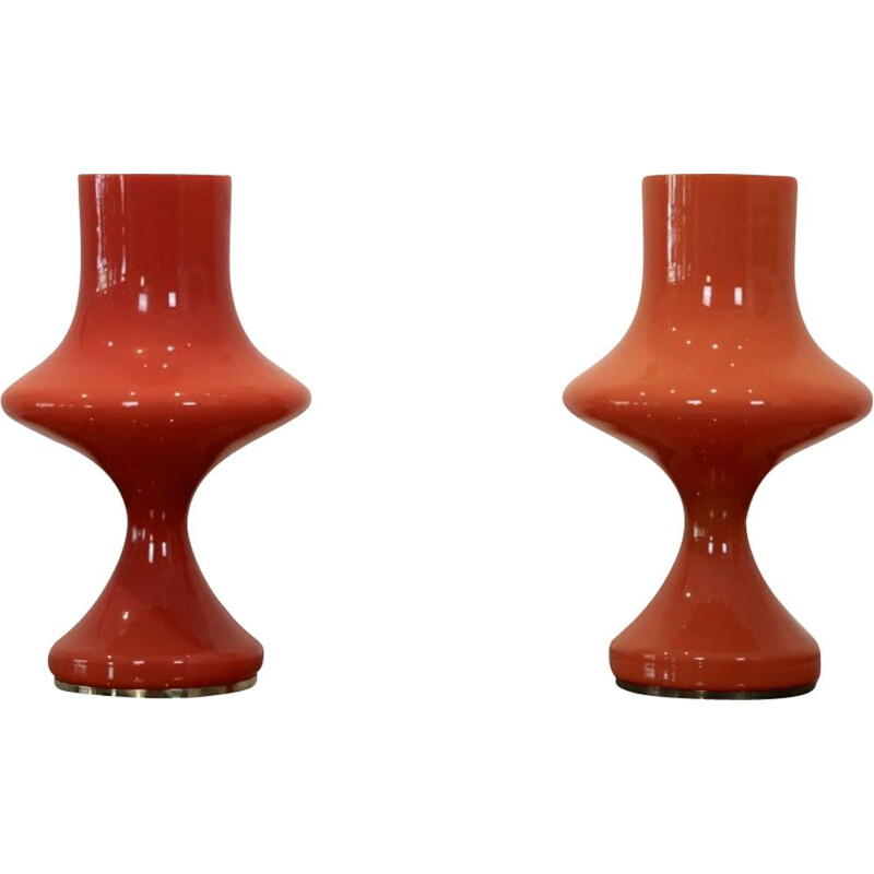 Pair of vintage orange opaline glass table lamps for OPP Jihlava 1960