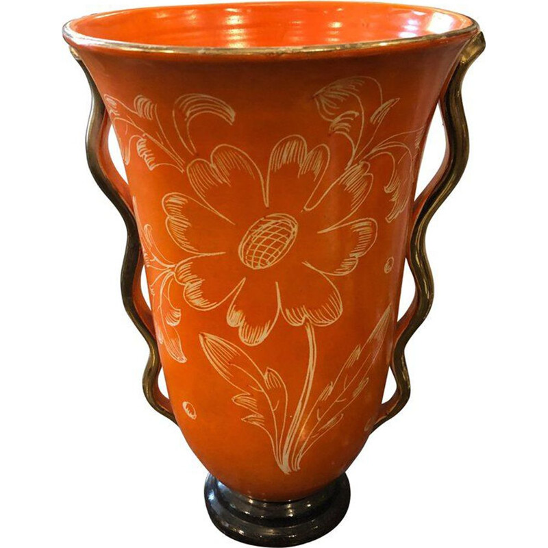 Vintage italian vase in orange and gold ceramic 1950