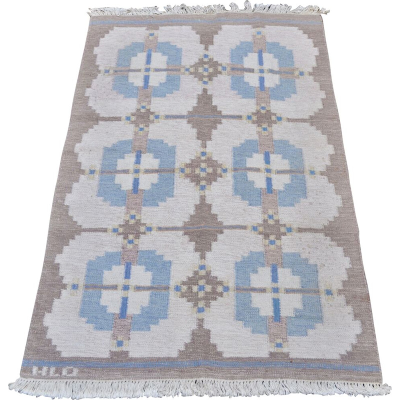 Tapis vintage scandinave Rollakan par HLO en laine bleue 1960