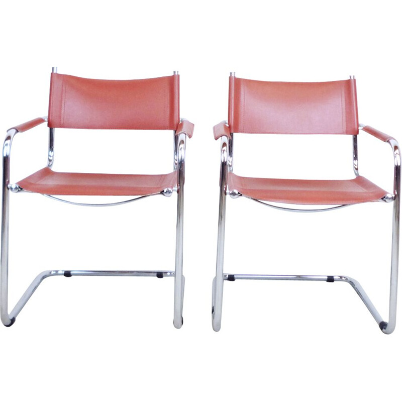 Suite of 2 vintage Italian S33 armchairs in red leather and steel 1980