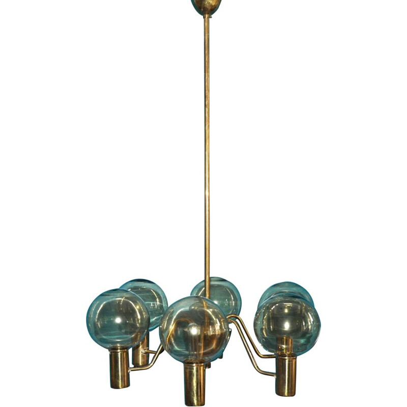 Vintage scandinavian hanging lamp for Markaryd in brass and glass 1960