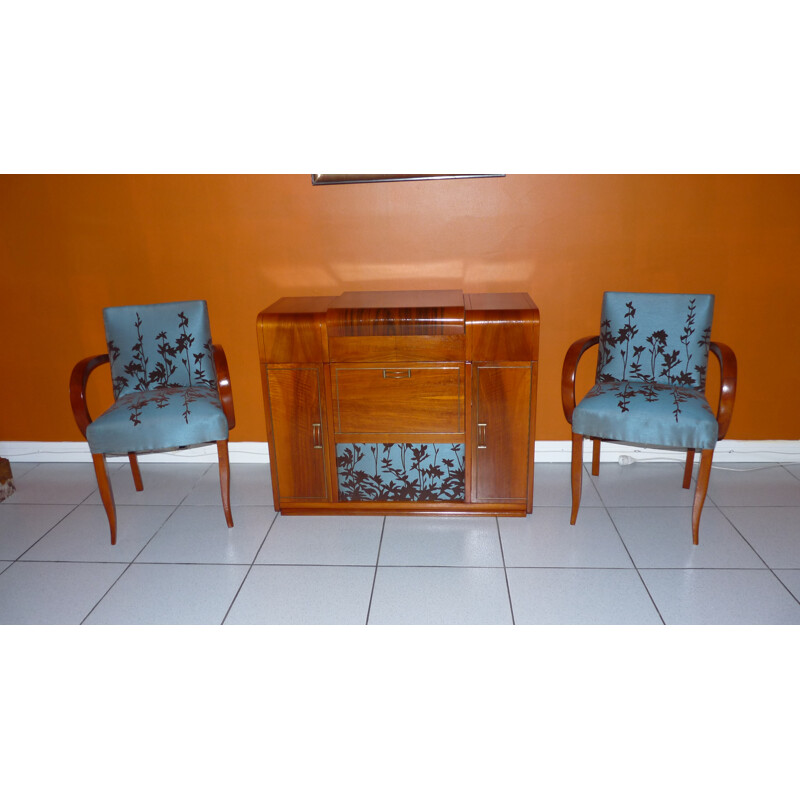 Set of an Eltax tuner amp and its 2 vintage armchairs in wood and fabric, 1950