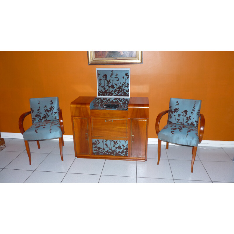 Set of an Eltax tuner amp and its 2 vintage armchairs in wood and fabric, 1950