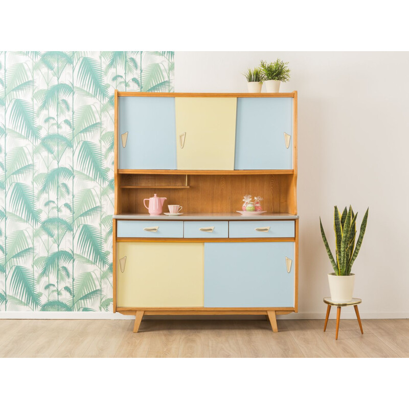 Armoire vintage allemande en frêne et formica bleu et jaune 1950