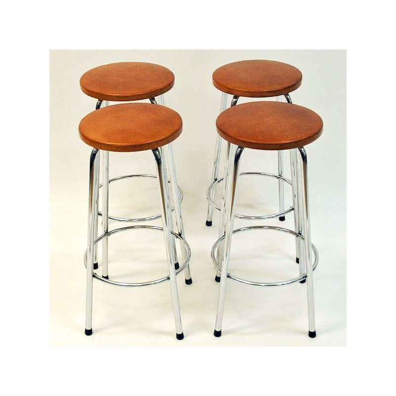 Pair of vintage scandinavian brown leather stools with chrome legs 1960