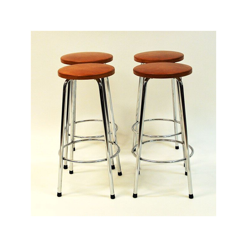 Pair of vintage scandinavian brown leather stools with chrome legs 1960