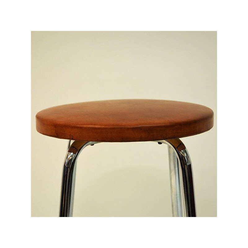 Pair of vintage scandinavian brown leather stools with chrome legs 1960