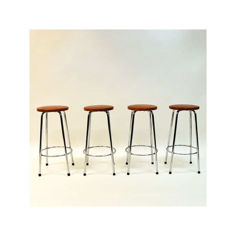 Pair of vintage scandinavian brown leather stools with chrome legs 1960