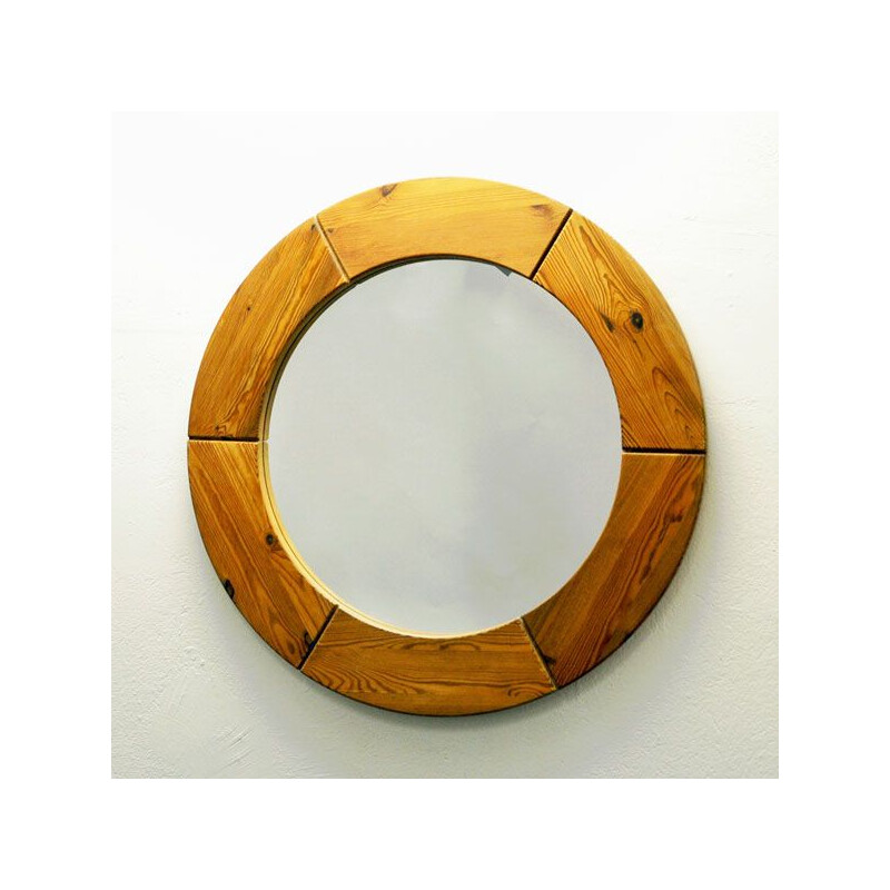 Vintage scandinavian round wall mirror for Glasmäster in pine and glass 1950