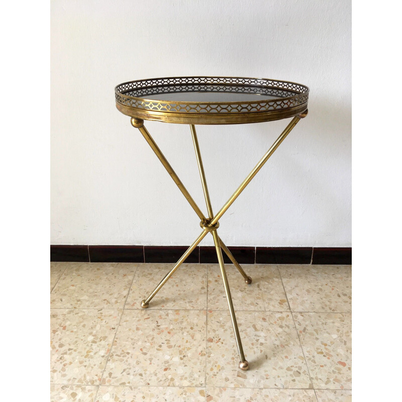 French vintage side table in brass and black marble 1950