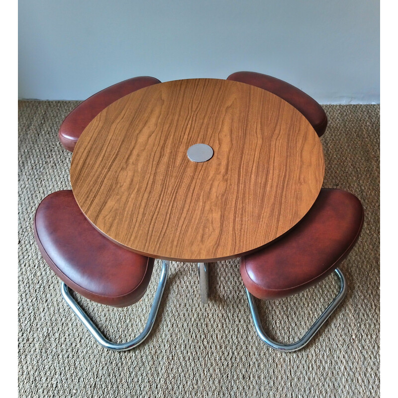 Set of vintage coffee table and 4 stools in brown leatherette and formica 1970