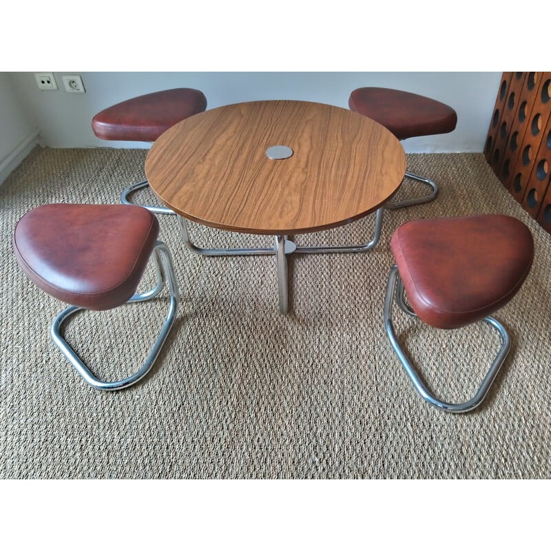 Set of vintage coffee table and 4 stools in brown leatherette and formica 1970