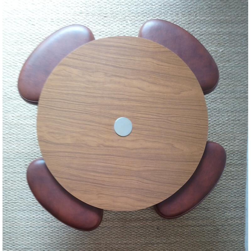 Set of vintage coffee table and 4 stools in brown leatherette and formica 1970