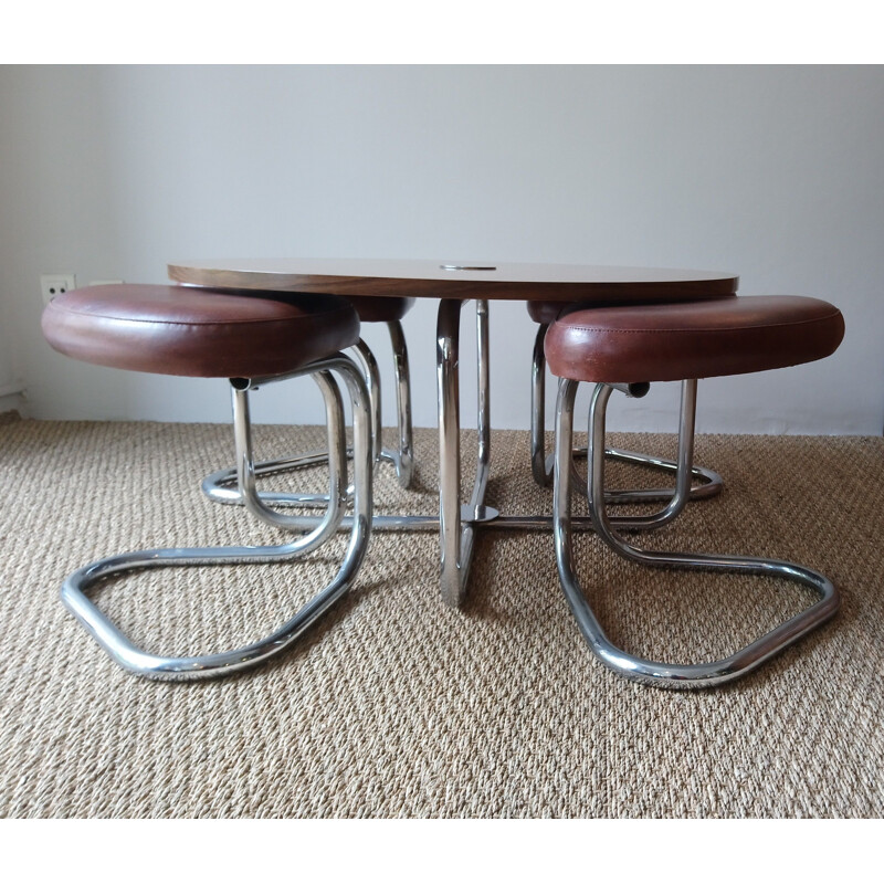 Set of vintage coffee table and 4 stools in brown leatherette and formica 1970